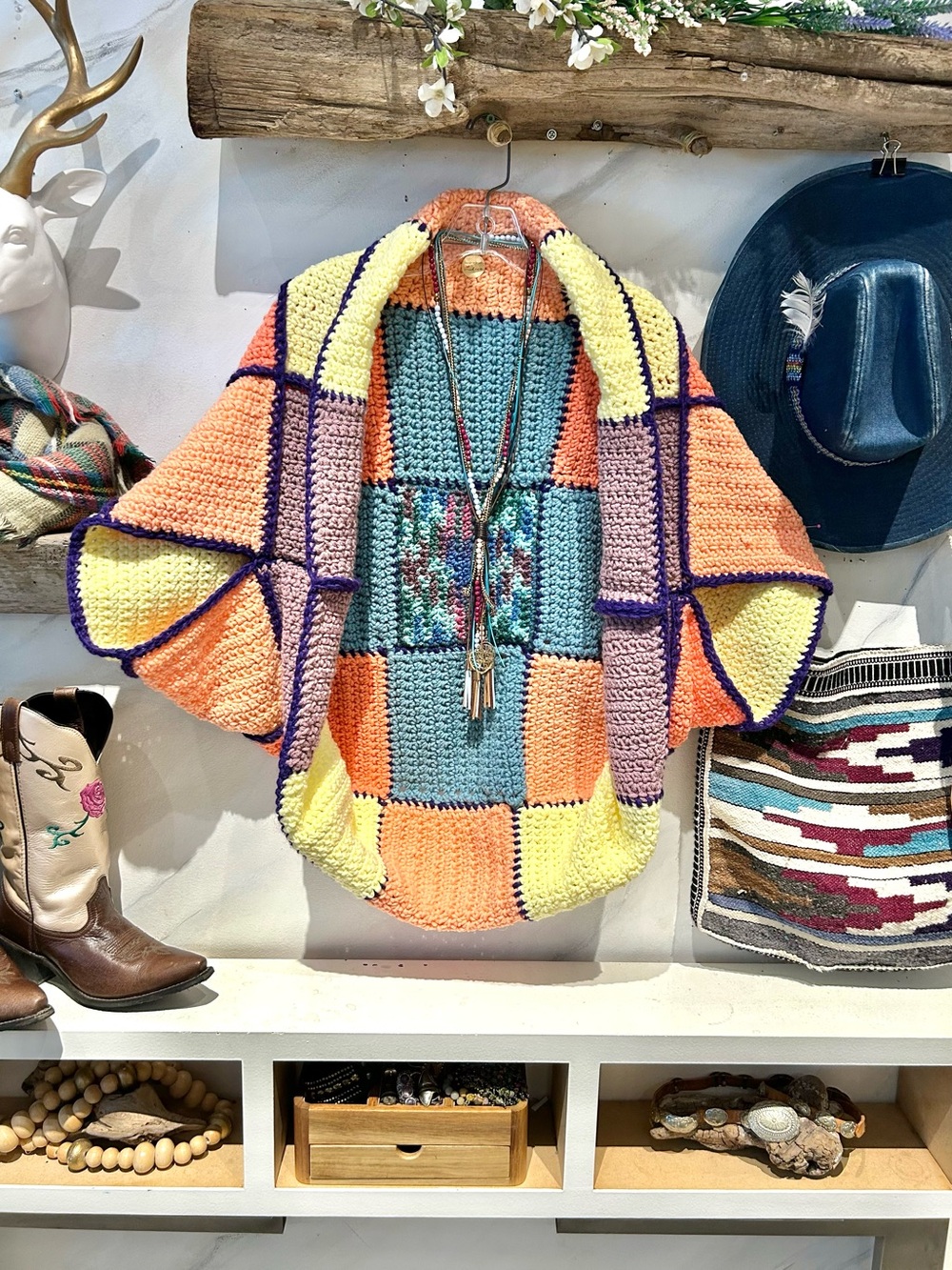 Artisan patchwork knit Open-Front cocoon kimono cover up cottagecore granny vibe